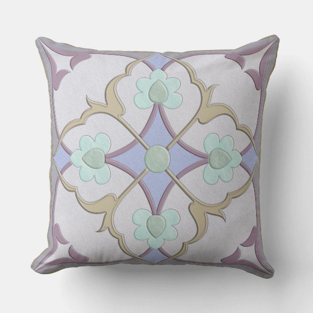 Afghani Tile Pattern in Periwinkle, Lavender, Mint Throw Pillow (Front)