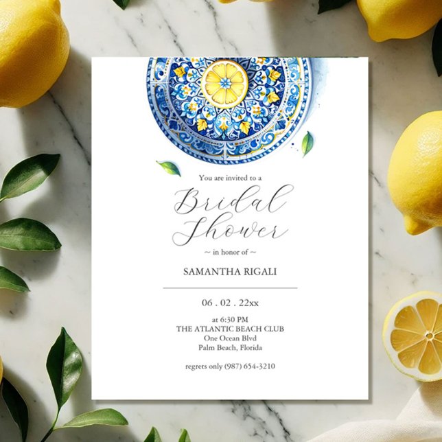 Afordable Bridal Shower Invitations Citrus Flyer (Budget bridal shower invitations watercolor yellow lemons green leaves blue tile plate)