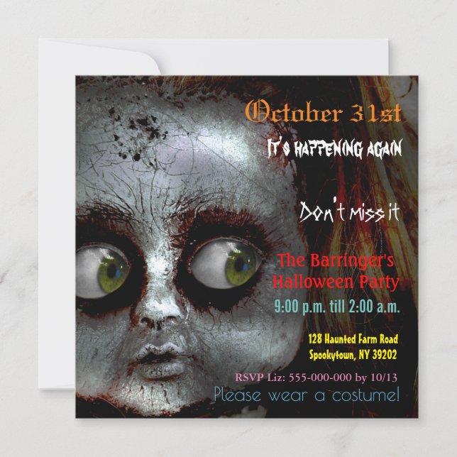 Afraid Doll Scary Halloween Semi Gloss Invitation (Front)