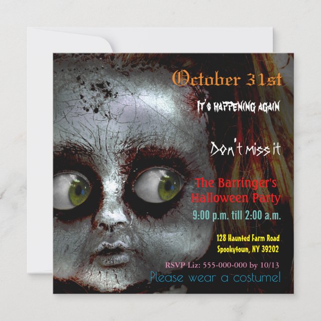 Afraid Doll Scary Halloween Square Invitation (Front)
