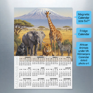 Africa 2026 Fridge Calendar, Animals, Kilimanjaro
