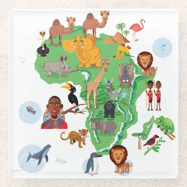Africa Animals Map Glass Coaster (Front)