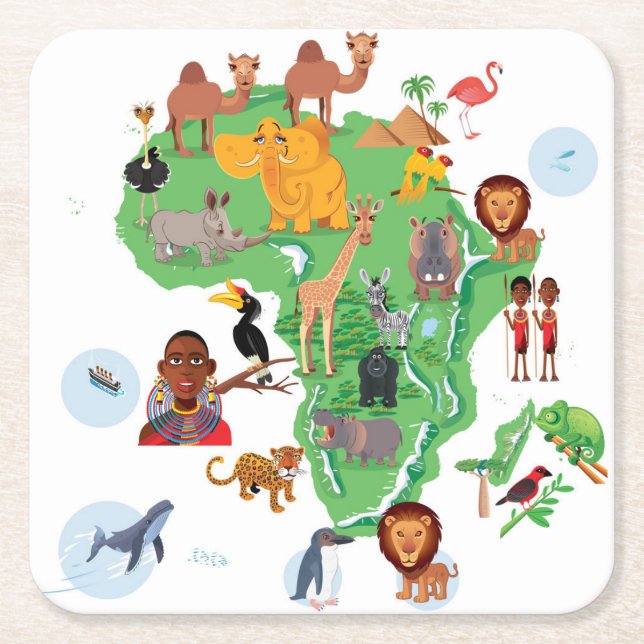 Africa Animals Map Square Paper Coaster (Front)
