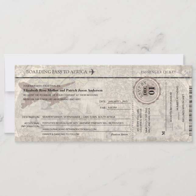 Africa Boarding Pass Wedding  Invitation (Front)