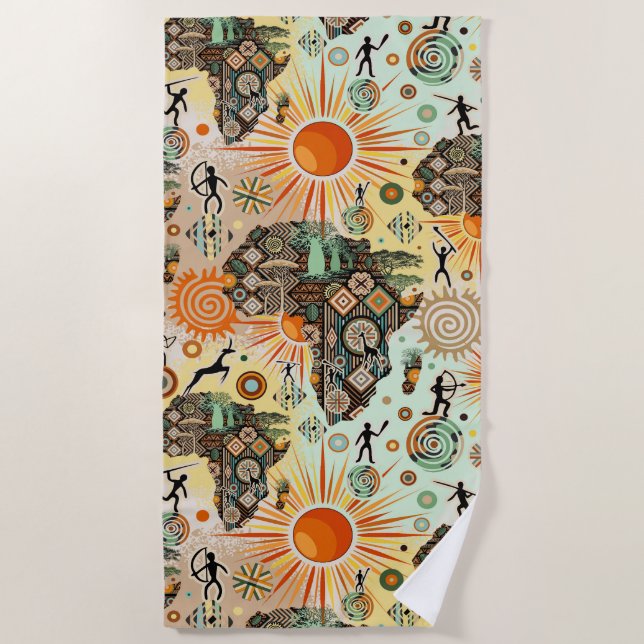 Africa Map Decorative Tribal Elements Pattern Beach Towel (Front)