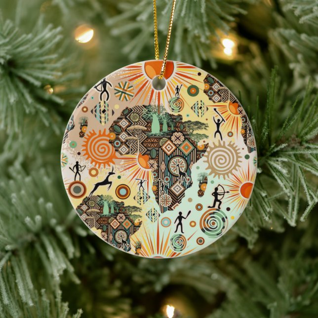 Africa Map Decorative Tribal Elements Pattern Ceramic Ornament (Tree)