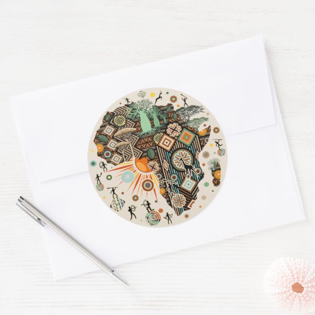 Africa Map Decorative Tribal Elements Pattern Classic Round Sticker (Envelope)