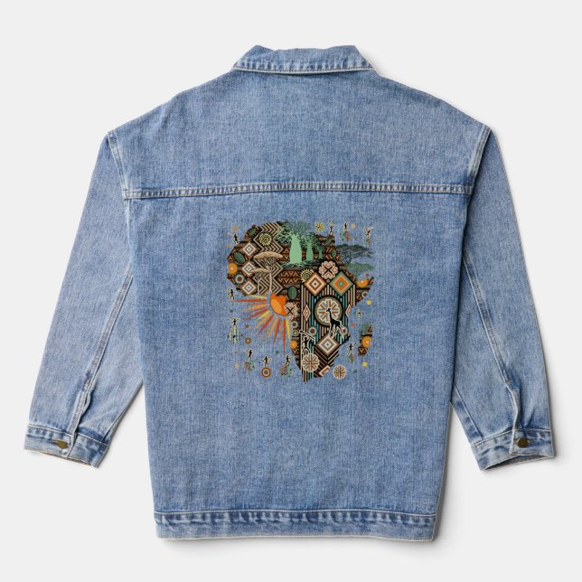 Africa Map Decorative Tribal Elements Pattern Denim Jacket (Back)