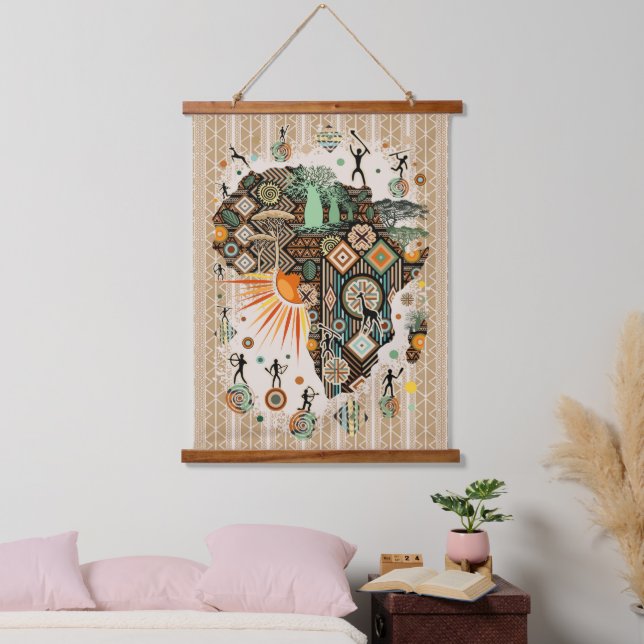 Africa Map Decorative Tribal Elements Pattern Hanging Tapestry (Bedroom)