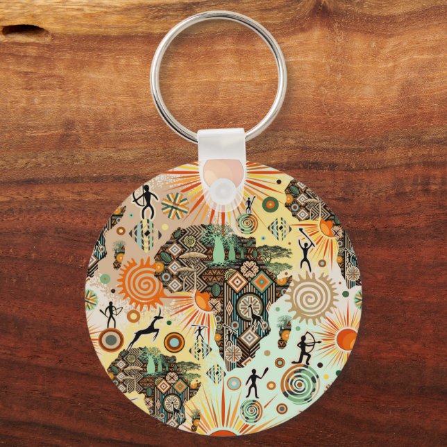 Africa Map Decorative Tribal Elements Pattern Keychain (Front)