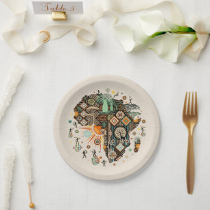 Africa Map Decorative Tribal Elements Pattern Paper Plate