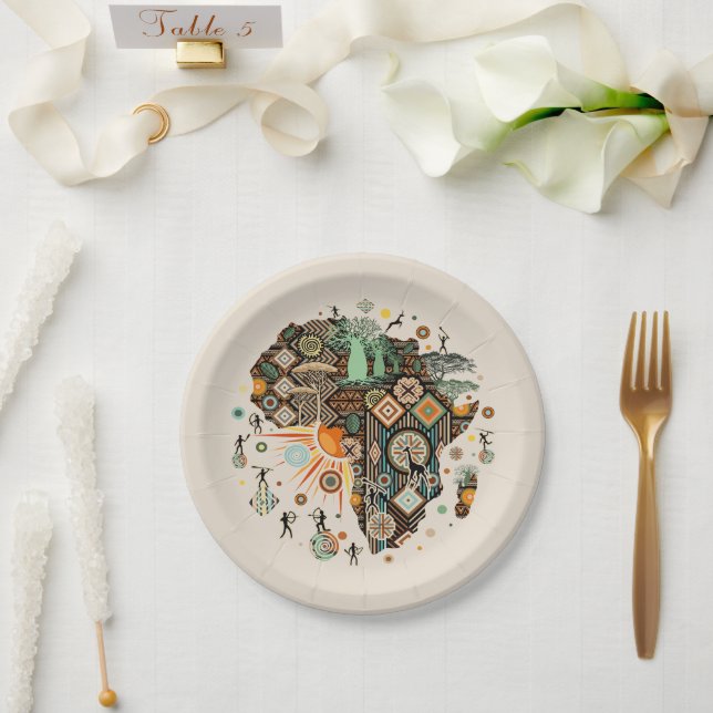 Africa Map Decorative Tribal Elements Pattern Paper Plate (Wedding)