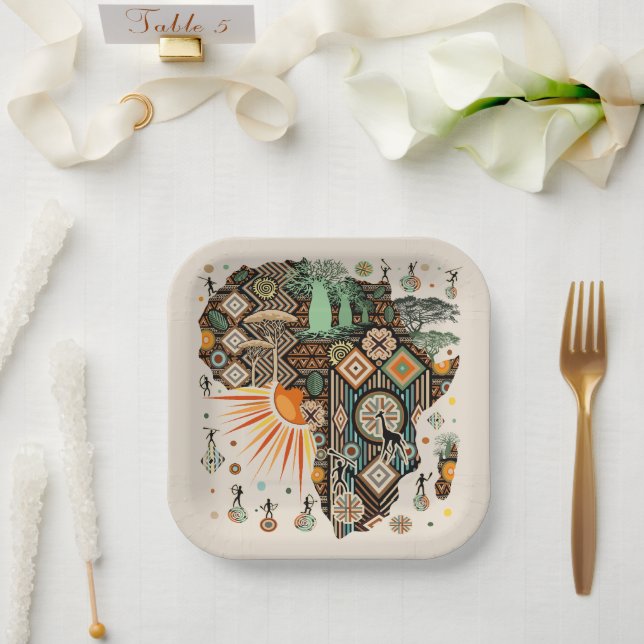 Africa Map Decorative Tribal Elements Pattern Paper Plate (Wedding)