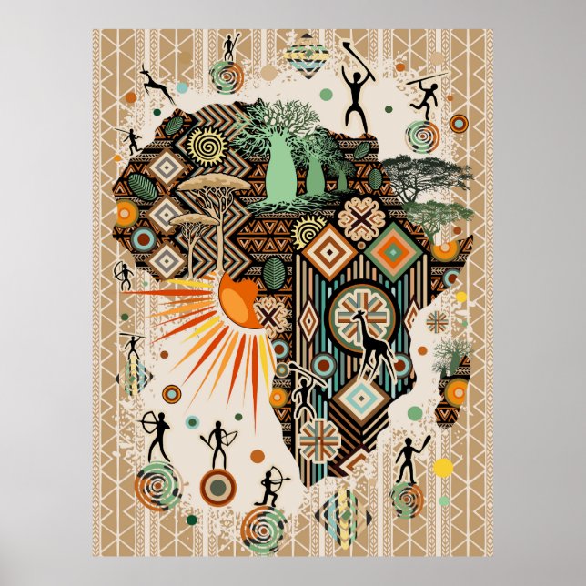 Africa Map Decorative Tribal Elements Pattern Poster (Front)