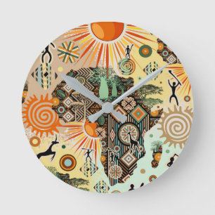Africa Map Decorative Tribal Elements Pattern Round Clock