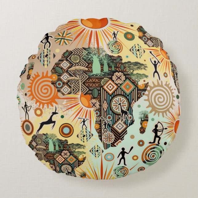 Africa Map Decorative Tribal Elements Pattern Round Pillow (Front)
