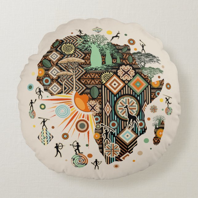 Africa Map Decorative Tribal Elements Pattern Round Pillow (Front)