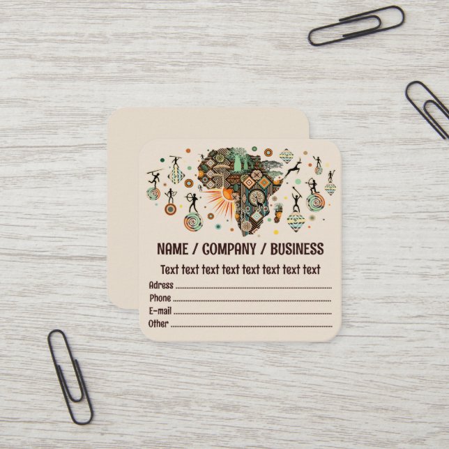 Africa Map Decorative Tribal Elements Pattern Square Business Card (Front/Back In Situ)