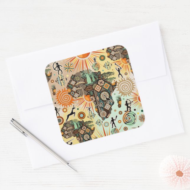 Africa Map Decorative Tribal Elements Pattern Square Sticker (Envelope)
