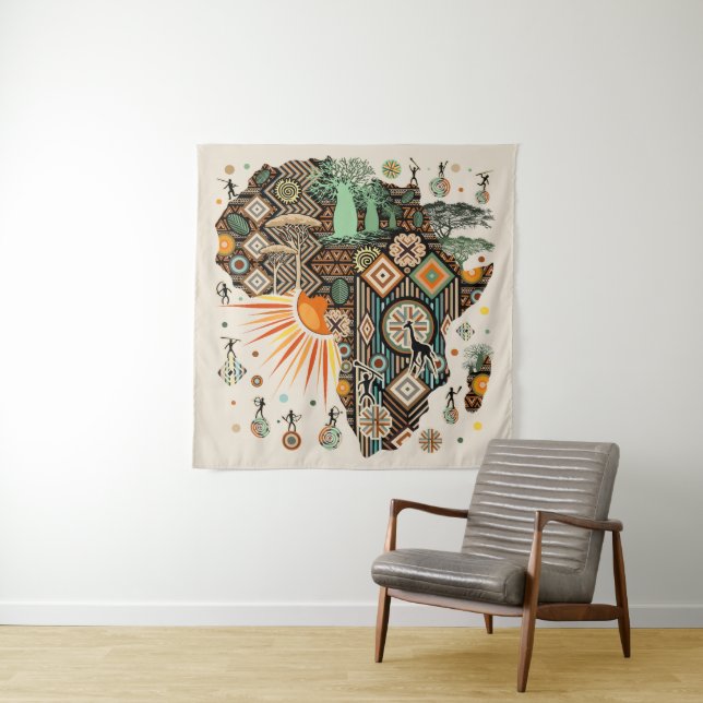 Africa Map Decorative Tribal Elements Pattern Tapestry (In Situ)