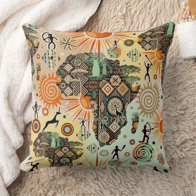 Africa Map Decorative Tribal Elements Pattern Throw Pillow (Blanket)