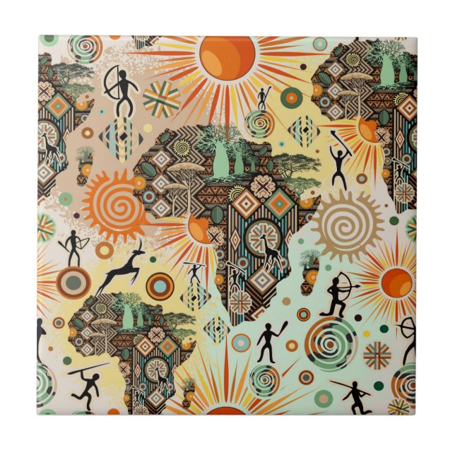 Africa Map Decorative Tribal Elements Pattern Tile (Front)
