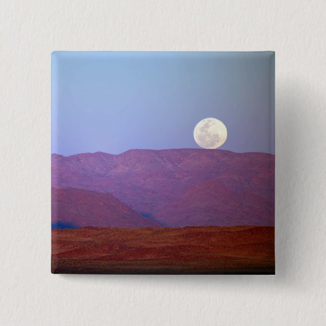 Africa, Namibia, Sossusvlei. A full moon rests 2 Inch Square Button (Front)