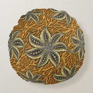 African Abstract Floral Batik Style Round Pillow