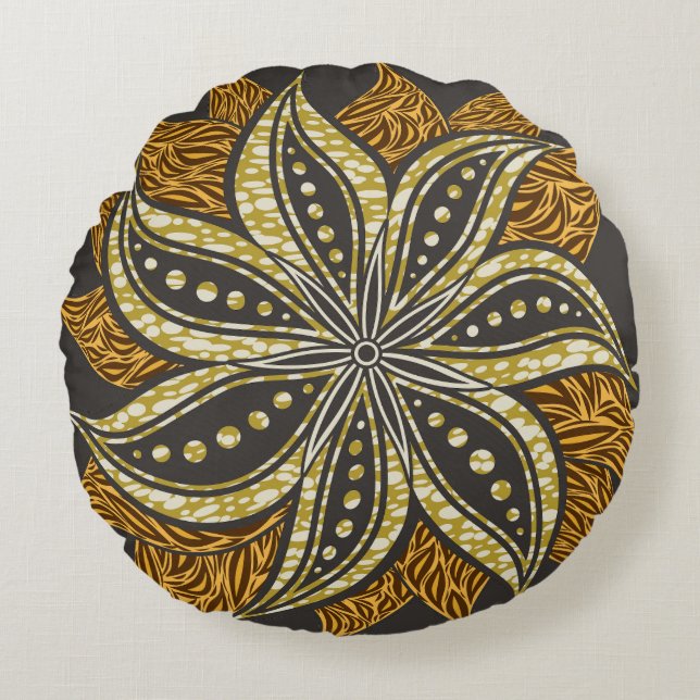 African Abstract Floral Batik Style Round Pillow (Front)