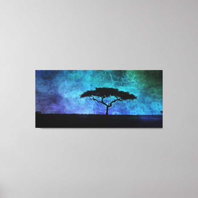 African Acacia Tree Landscape in Blue and Purple Canvas Print (Front)