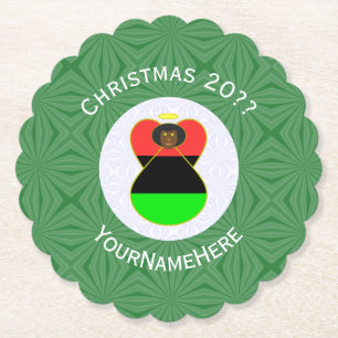 African American Angel Christmas Flag Personalized Paper Coaster