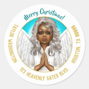African American Angel Christmas Holiday Address Classic Round Sticker