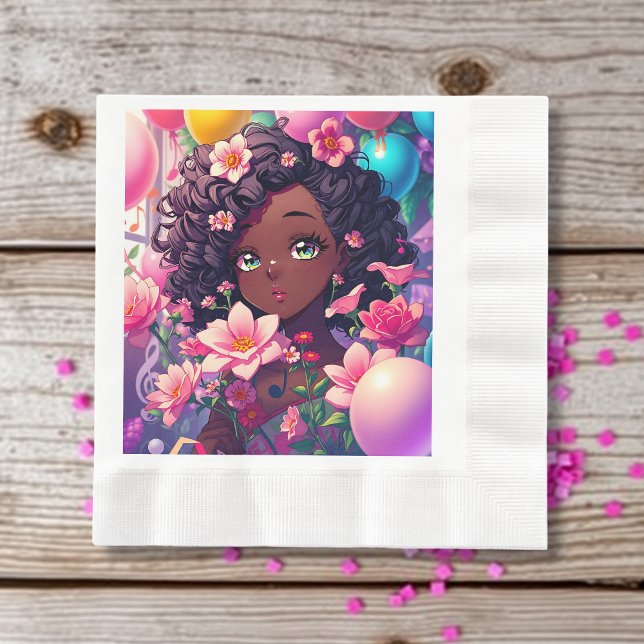 African-American Anime Girl Personalized Birthday Napkin (Creator Uploaded)