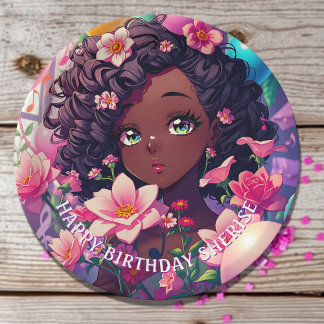 African-American Anime Girl Personalized Birthday Paper Plate
