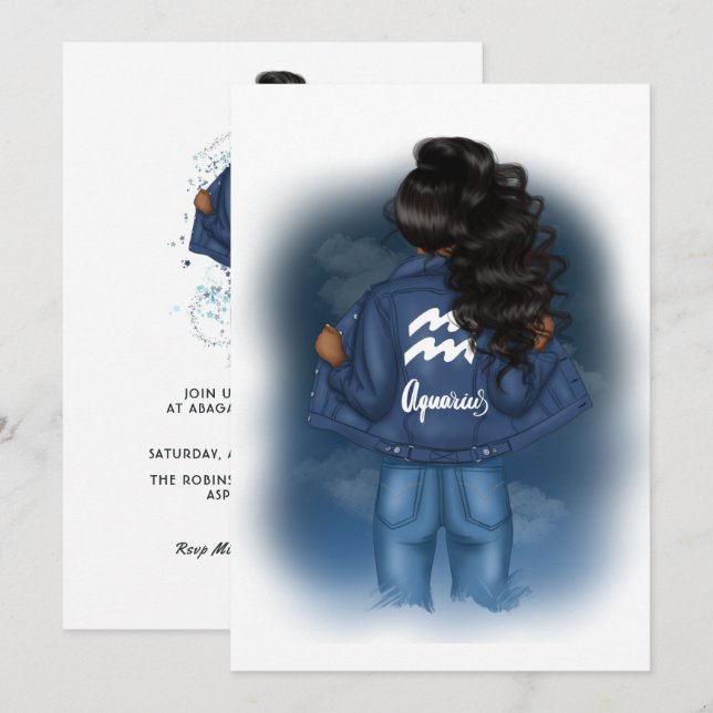 African American Aquarius Zodiac Sign Birthday Invitation (Front/Back)