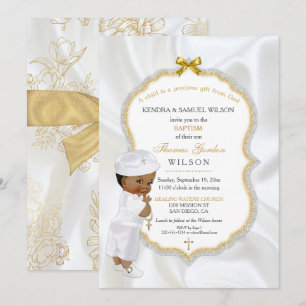 African American Baby Boy Baptism Gold Cross Invitation