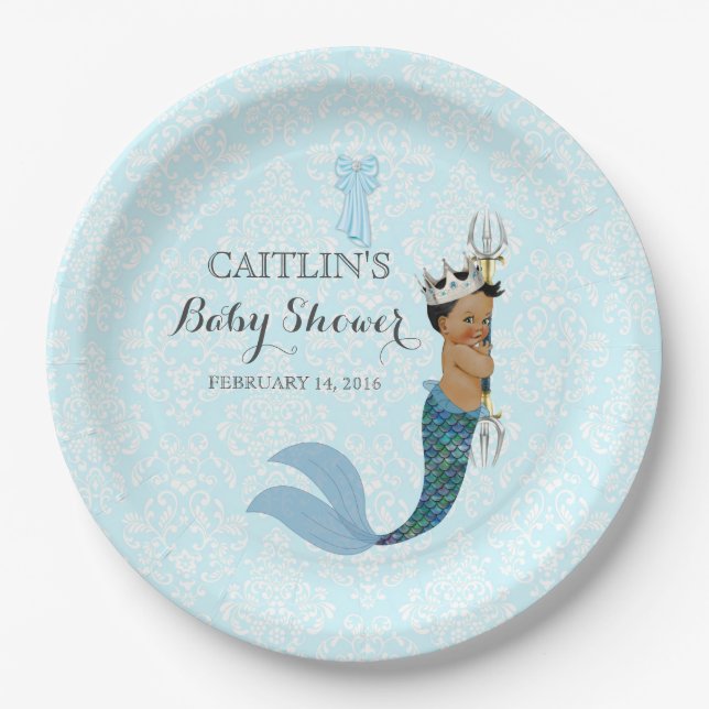 African American Baby Boy Merman Prince Crown Paper Plate (Front)