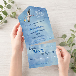 African American Baby Boy Stork in Night Sky All In One Invitation