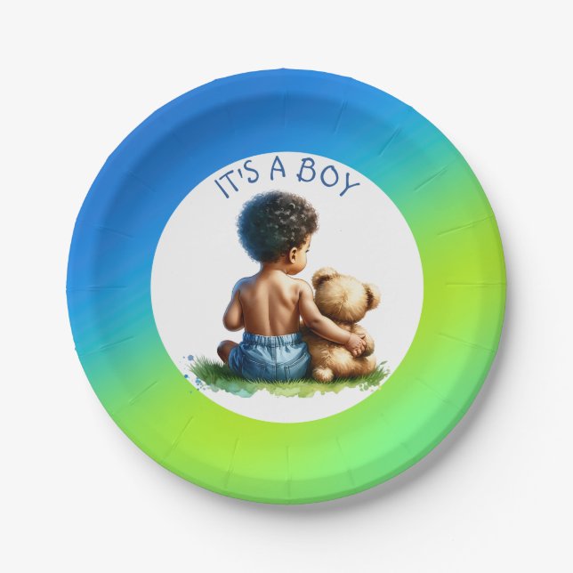 African-American Baby Boy with Teddy Baby Shower  Paper Plate (Front)