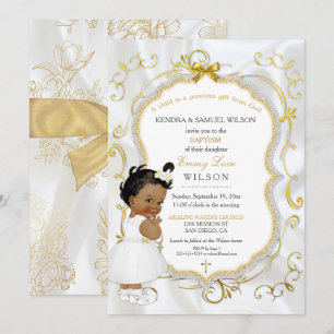 African American Baby Girl Baptism Gold Cross Invitation