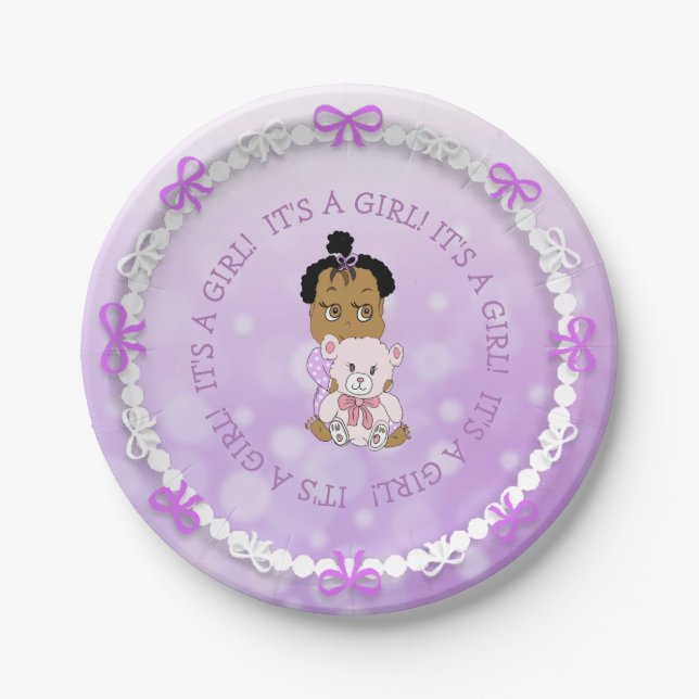 African-American Baby Girl Teddy Bear Baby Shower Paper Plate (Front)