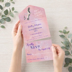 African American Baby Girl with Stork Sunset All In One Invitation