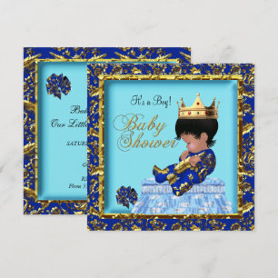 African American Baby Shower Blue Gold Boy Invitation