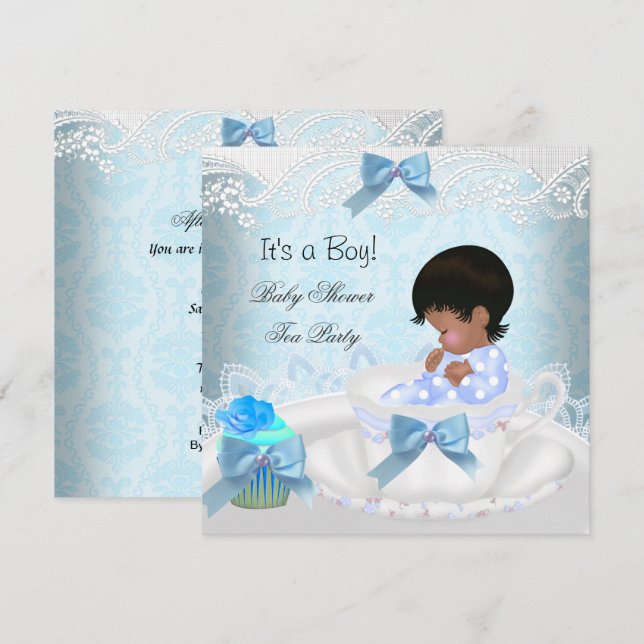 African American Baby Shower Boy Blue Baby Teacup Invitation (Front/Back)