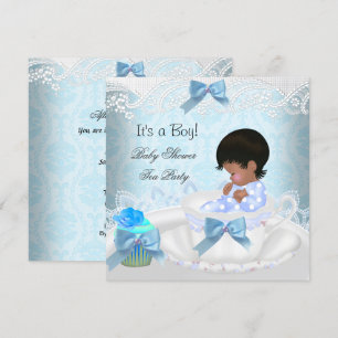 African American Baby Shower Boy Blue Baby Teacup Invitation