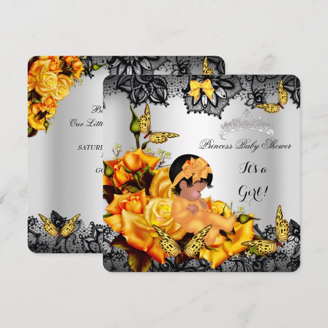 African American Baby Shower Girl Butterfly Yellow Invitation (Front/Back)