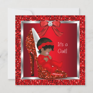 African American Baby Shower Girl Red Glitter 2 Invitation