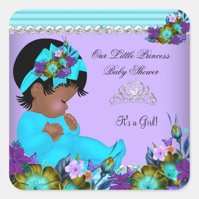 African American Baby Shower Girl Teal Blue Purple Square Sticker (Front)