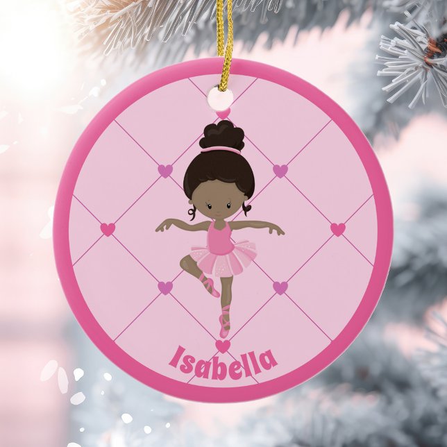African American Ballerina Custom Pink Christmas Ceramic Ornament (Creator Uploaded)