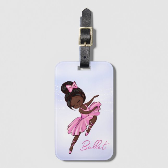 African American Ballerina Pink, Purple Ballet Luggage Tag (Front Vertical)